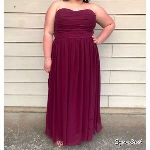strapless maroon prom dress